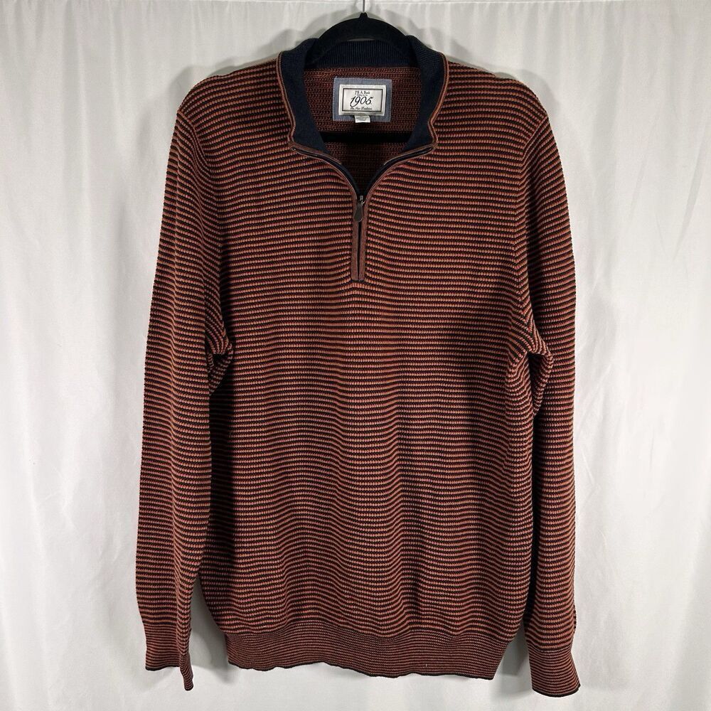 Jos A Bank Sweater Men's XL Orange Blue Striped 1/4 Zip Tailored Fit 100% Cotton